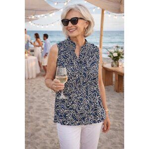 Loft Sleeveless Paisley Print Blouse Top L Black/Blue Polyester NWOT